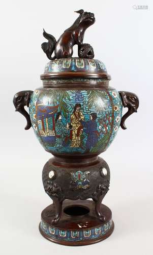 A 19TH CENTURY CHINESE CLOISONNE ENAMEL CENSER AND COVER, the body with figural in landscape