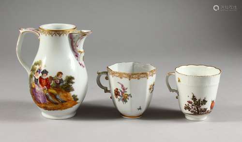 AN 18TH CENTURY MEISSEN COFFEE CUP, with basket weave border painted with a man with cattle, and a