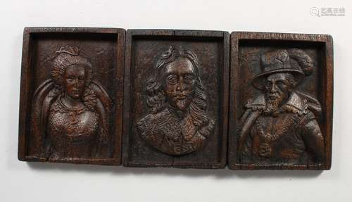 THREE SMALL RELIEF CARVED WOOD PANELS, Elizabeth I, Charles I, Walter Raleigh (?). 5.5ins x 4.