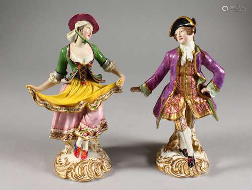 A PAIR OF 19TH CENTURY MINTON FIGURES AFTER MEISSEN, originals of a man and woman dancing.