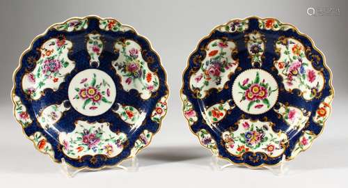 A PAIR OF18TH CENTURY WORCESTER BLUE SCALE PLATES, painted with flowers.