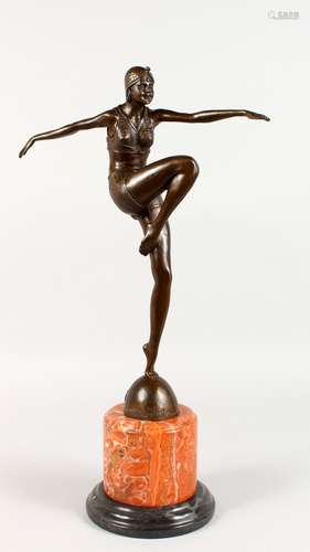 AFTER PHILIPP AN ART DECO SYLE BRONZE FIGURE OF A DANCER, on a circular marble base. 22ins high.