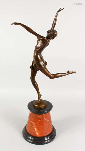 AFTER B. ZACH AN ART DECO SYLE BRONZE FIGURE OF A DANCER, on a circular marble base. 25.5ins high.