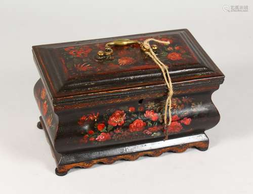 A GOOD 19TH CENTURY FLORAL PAINTED TOLEWARE CASKET, with velvet lined wooden interior. 10ins wide.