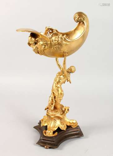 A CLASSICAL STYLE GILT BRONZE CENTREPIECE, modelled as a lady holding a shell aloft. 15.5ins high.