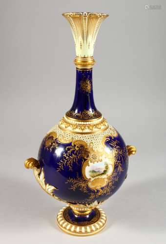 A COALPORT VASE OF SPHERICAL FORM, with tall flared neck painted with a Scottish loch landscape,