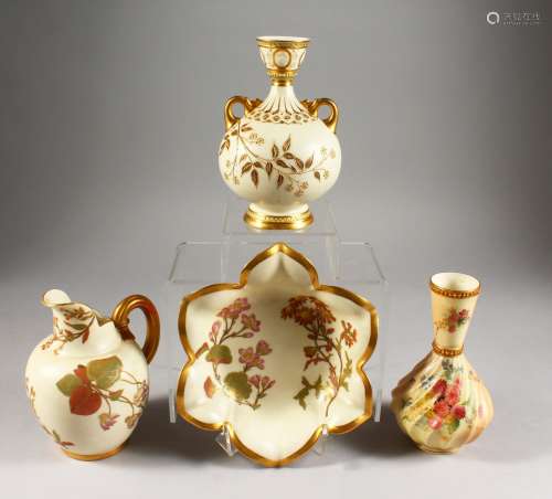 A SELECTION OF BLUSH OR IVORY ROYAL WORCESTER: a spirally moulded vase, C.1907, a jug, C. 1890, a
