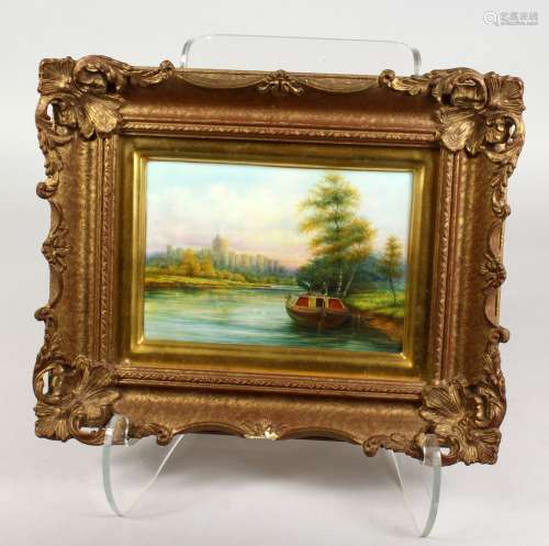 AN EX-ROYAL WORCESTER ARTIST PLAQUE, painted with a narrow boat with Windsor Castle in the distance,
