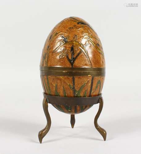 A 20TH CENTURY CLOISONNE STYLE MODEL OF AN EGG ON STAND.