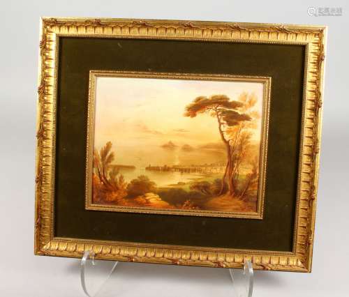 A 19TH CENTURY ENGLISH PORCELAIN PLAQUE, painted with a harbour scene.