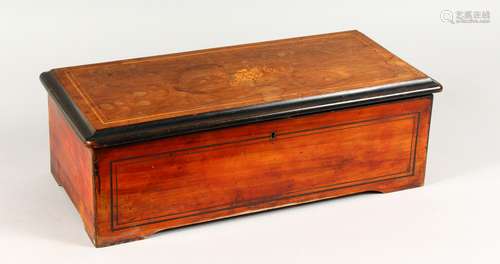 A 19TH CENTURY MUSIC BOX, playing eight airs, in an inlaid rosewood case. 19.5ins wide x 6.5ins high