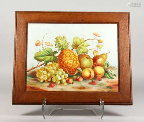A 19TH CENTURY ENGLISH POTTERY PLAQUE, painted with fruit, by T. Simpson, signed.