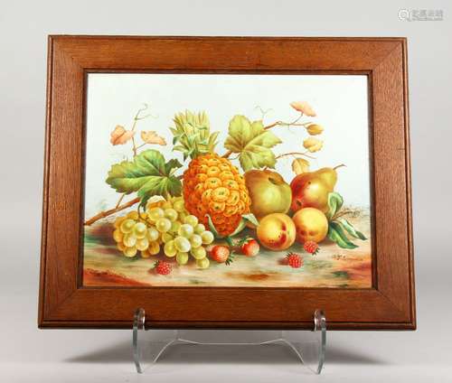 A 19TH CENTURY ENGLISH POTTERY PLAQUE, painted with fruit, by T. Simpson, signed.