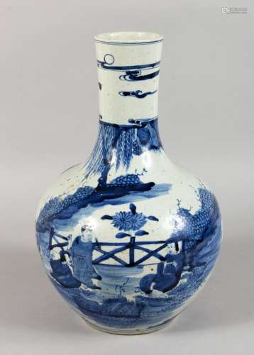 A CHINESE BLUE AND WHITE BOTTLE VASE, decorated with figures by a fence. 13.5ins high.