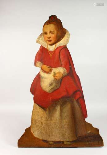 AN 18TH CENTURY STYLE DUMMY BOARD, painted as a young girl wearing a red and white dress. 36ins high