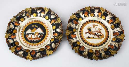 A PAIR OF EARLY 20TH CENTURY EGYPTIAN MIXED METAL DISHES, the pair depicting two scenes of sphinx