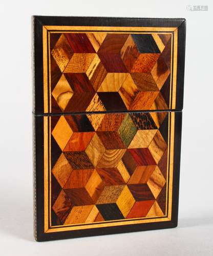 A TUNBRIDGE WARE MARQUETRY AND PARQUETRY CALLING CARD CASE. 4ins x 2.75ins.