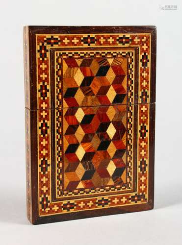 A TUNBRIDGE WARE MARQUETRY AND PARQUETRY CALLING CARD CASE. 4ins x 2.75ins.