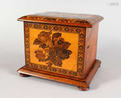 A GOOD TUNBRIDGE WARE PARQUETRY AND MARQUETRY CHEST, with parquetry top and marquetry door to the