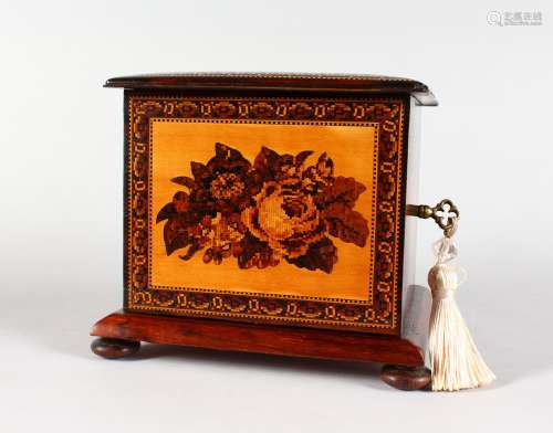 A TUNBRIDGE WARE MARQUETRY CHEST, with marquetry top of flowers, flowers to the door to the front,