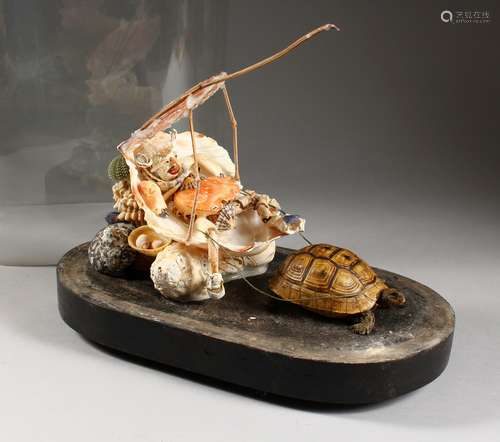 AN UNUSUAL SHELL WORK FIGURE GROUP WITH TORTOISE TAXIDERMY, housed under a glass dome. 18ins high.