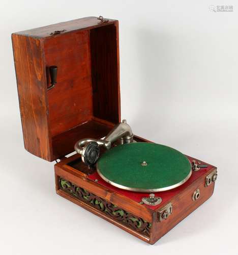 A WIND UP PORTABLE GRAMOPHONE. 11.5ins wide.