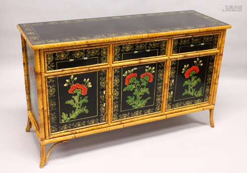 A CHINESE DESIGN BLACK LACQUER AND BAMBOO SIDEBOARD, 20TH CENTURY, with gilded and painted