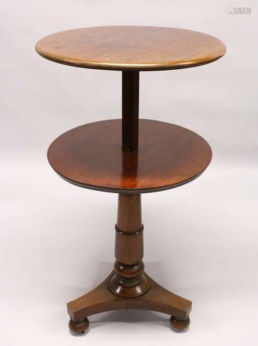 A 19TH CENTURY MAHOGANY CIRCULAR RISE AND FALL DUMB-WAITER, plain top on a turned column with