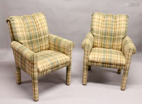 A PAIR OF MODERN ARMCHAIRS, upholstered with a Burberry style check fabric.