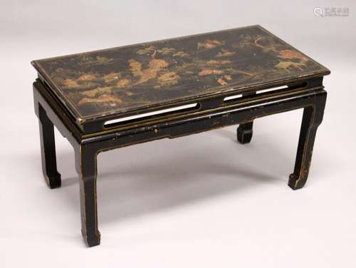 A CHINESE BLACK LACQUER LOW TABLE, with Chinoiserie decoration. 2ft 4ins long x 1ft 5ins wide x