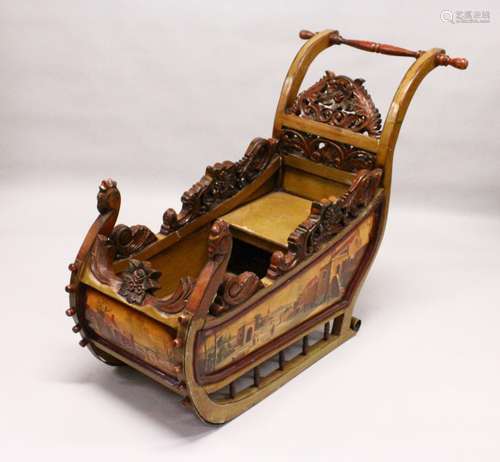 A CONTINENTAL CARVED AND PAINTED SLEIGH, each side decorated with mountainous river landscapes