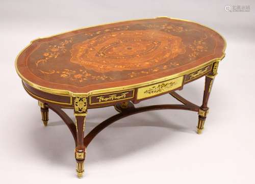 A LOUIS XVI STYLE INLAID MAHOGANY AND ORMOLU MOUNTED COFFEE TABLE, on stretchered square legs. 3ft