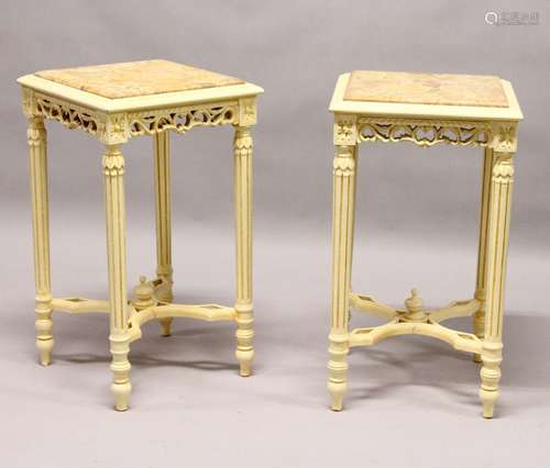 A PAIR OF CREAM PAINTED LAMP TABLES, with inset marble tops. 1ft 4ins x 1ft 4ins x 2ft 4ins high.