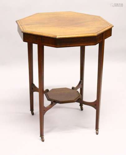 AN EDWARDIAN INLAID MAHOGANY OCTAGONAL CENTRE TABLE. 2ft 0ins wide x 2ft 6ins high.