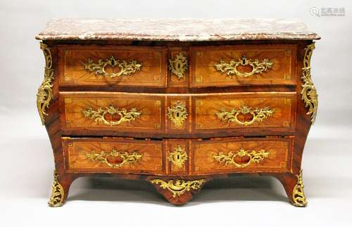 A VERY GOOD 18TH CENTURY LOUIS XV TULIP WOOD AND MARBLE COMMODE, of bombe form, with variegated