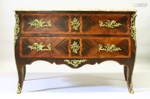 AN 18TH CENTURY LOUIS XV KINGWOOD AND MARBLE COMMODE, with variegated pink marble top, above a