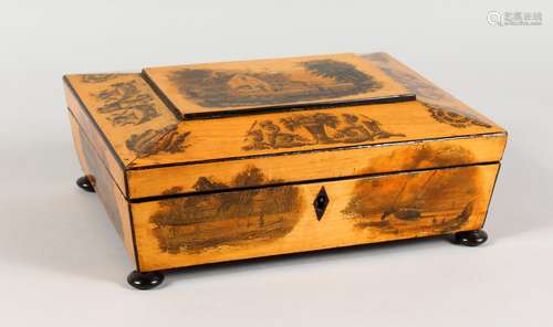 A REGENCY PENWORK BOX AND COVER, with scenes of figures, buildings and motifs, on four bun feet.