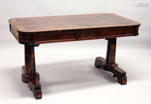 IN THE MANNER OF GILLOW, A SUPERB 19TH CENTURY ROSEWOOD AND MARQUETRY LIBRARY TABLE, the rounded