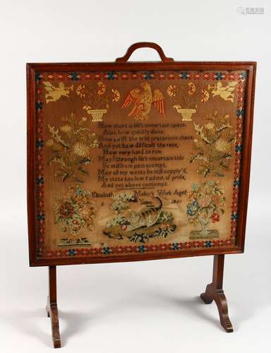 A 19TH CENTURY SAMPLER, with text and a border of floral designs, animals, etc., signed and dated,