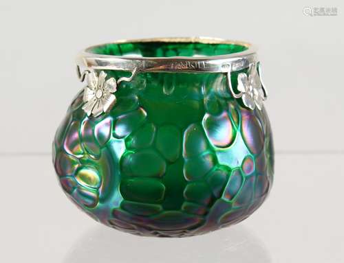 A TIFFANY FAVRILE ART NOUVEAU GLASS BOWL, with silver mounts. Stamped FAVRILE, Birmingham 1896. 3ins