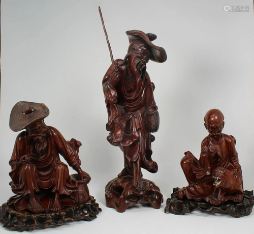 (3) Antique Chinese Carved Wooden Wiseman