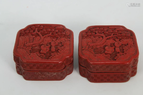 Pair, 19th C. Chinese Cinnabar Boxes. Qing