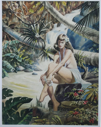 Watercolor of Semi-Nude Lady in Jungle