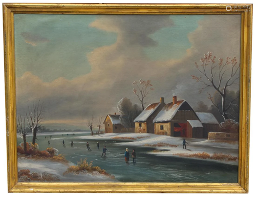 19th C. Dutch Winter Skating Scene w/ Figures