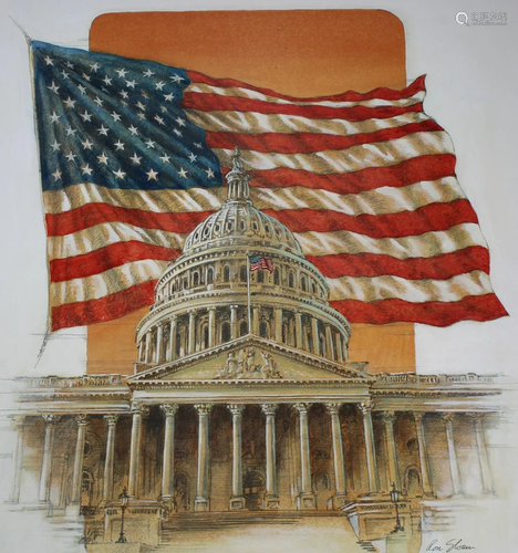 Ron Sloan (B. 1950) U.S. Flag Behind Capitol