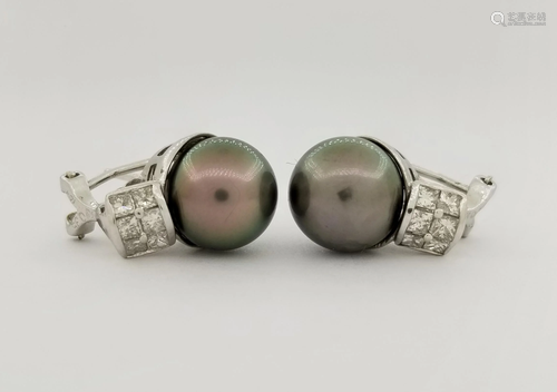 18K WG Tahitian Pearl & Diamond Earrings