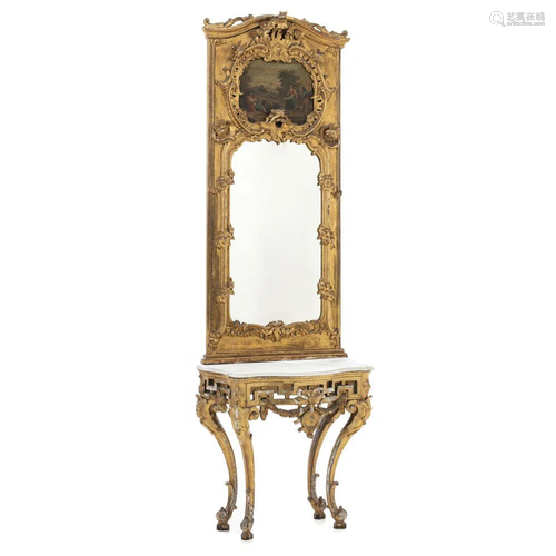 Console and mirror in gilt carving.