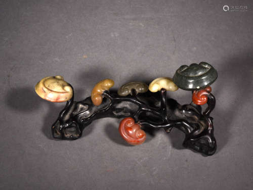 A Chinese Jewels Inlaid Rosewood Lucid ganoderma Ornament
