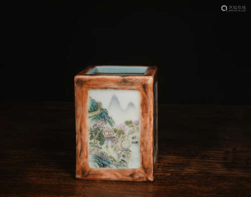 A Chinese Wood Grain Landscape Painted Porcelain Brush Pot