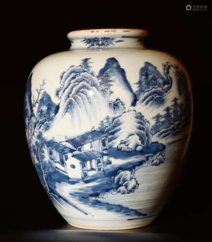 A Chinese Blue and White Landscape Porcelain Jar